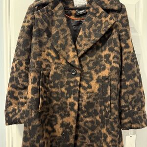 Kensie Brown and Black Animal Print Wool Blend Car Coat